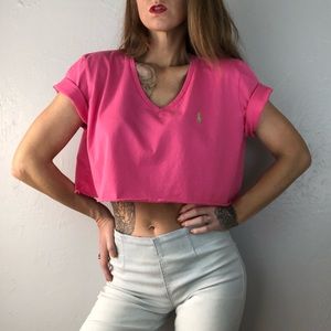 Neon Pink RALPH LAUREN Polo Crop V Neck T Shirt XL